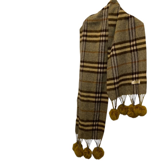 CASHMERE Olive chartreuse rabbit fur balls trim Nova Check Plaid Shawl Wrap FALL - Picture 1 of 6